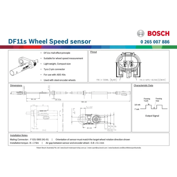 Hoja de especificaciones del sensor de velocidad de rueda larga Bosch 0265007886 Df11S Hoja de especificaciones del sensor de velocidad de rueda larga Bosch 0265007886 Df11S